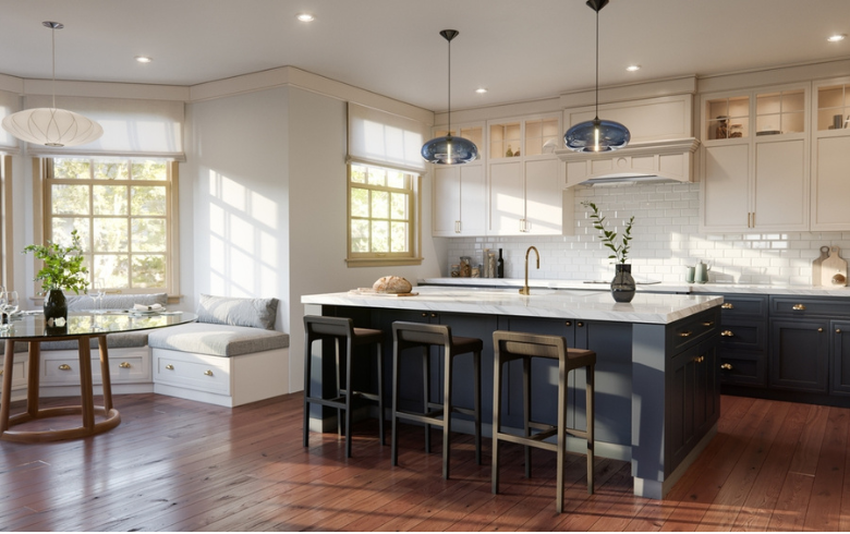 kitchen with blue cabinets and breakfast nook with couches