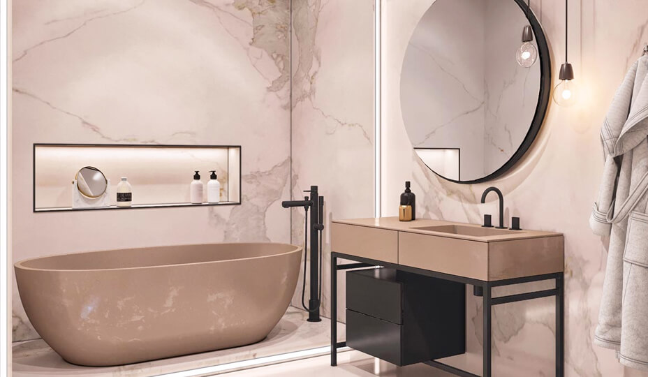 Salle de bain en marbre beige et accessoires noirs