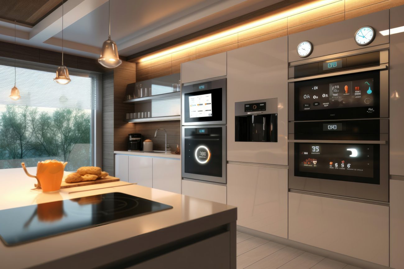 itchen equipped with smart appliances with display screen and voice-activated smart oven