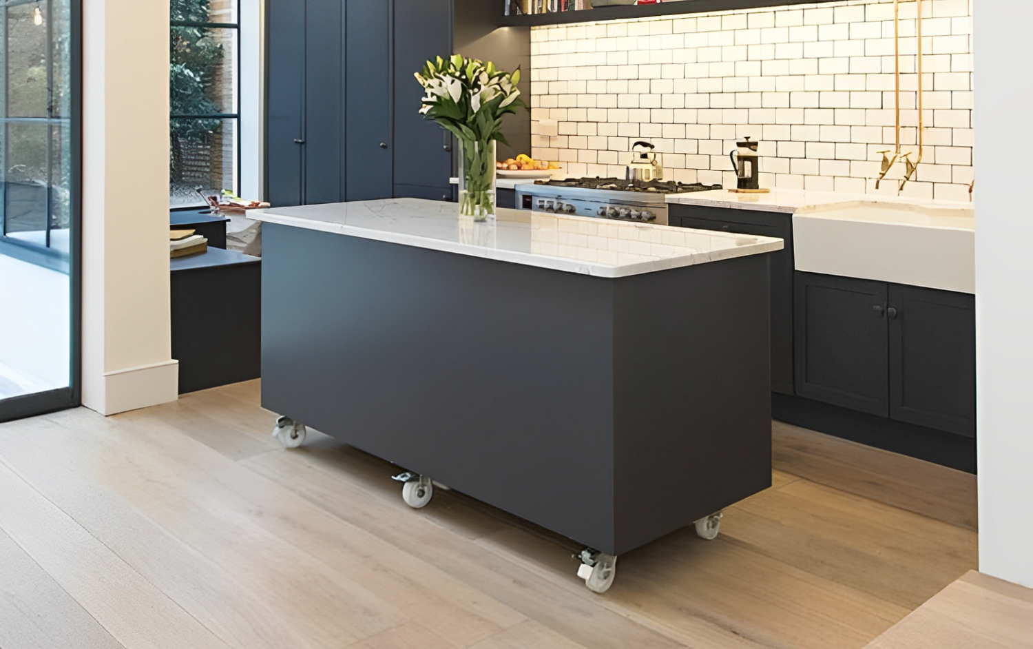 contemporary kitchen with mobile island 