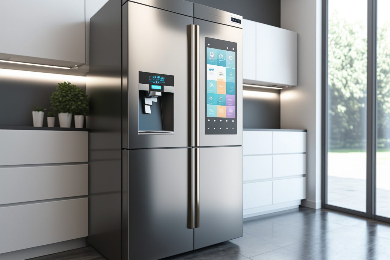 Modern kitchen with refrigerator and integrated control panel