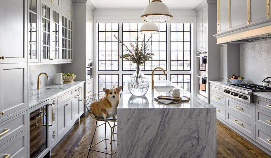 classic style kitchen with a corgi by the island