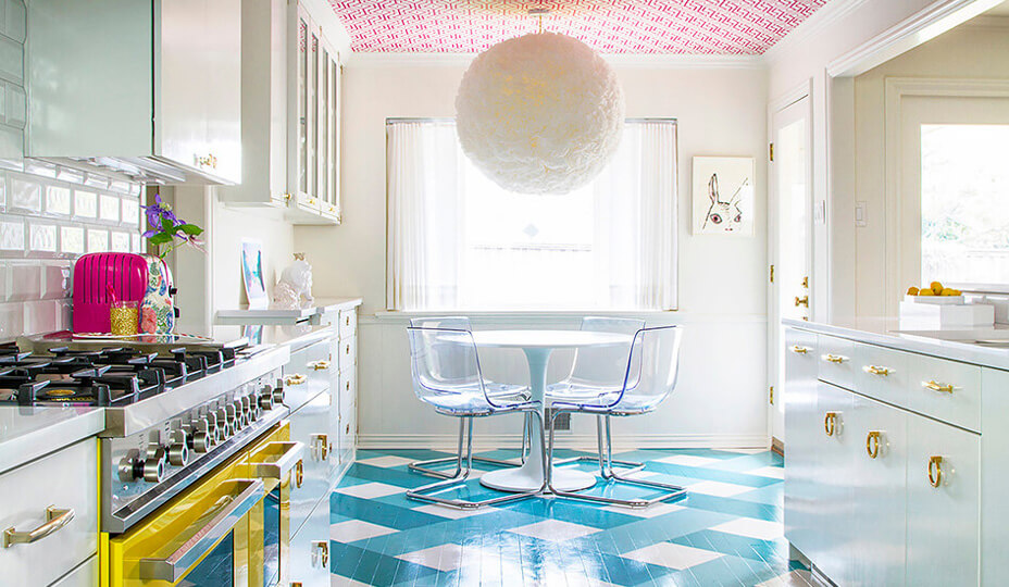 kitchen with blue flooring and a pink ceiling