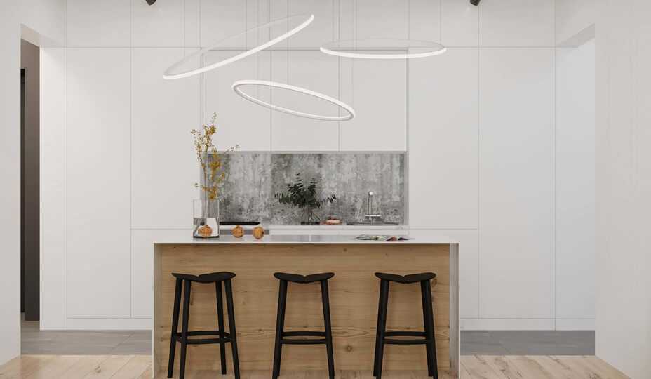 simple kitchen with a unique light fixture