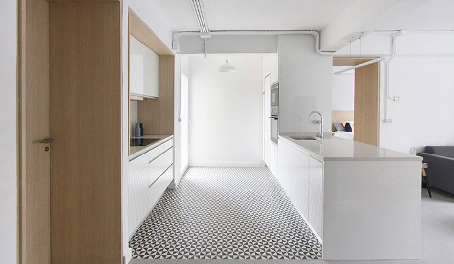 white kitchen with geometric flooring