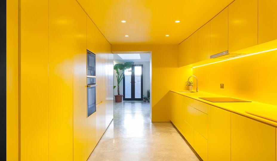 all yellow contemporary kitchen