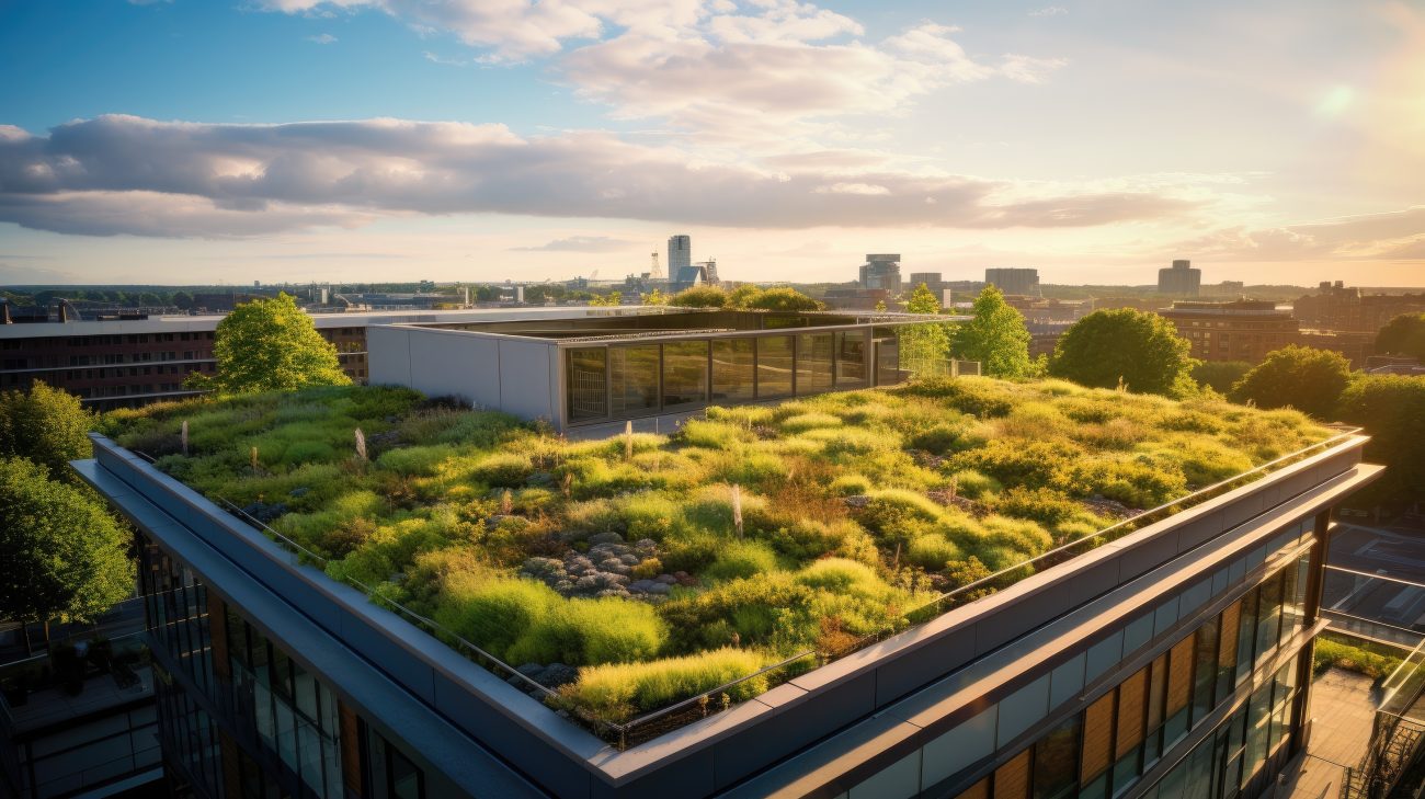 A green flat roof installation on a sustainable building