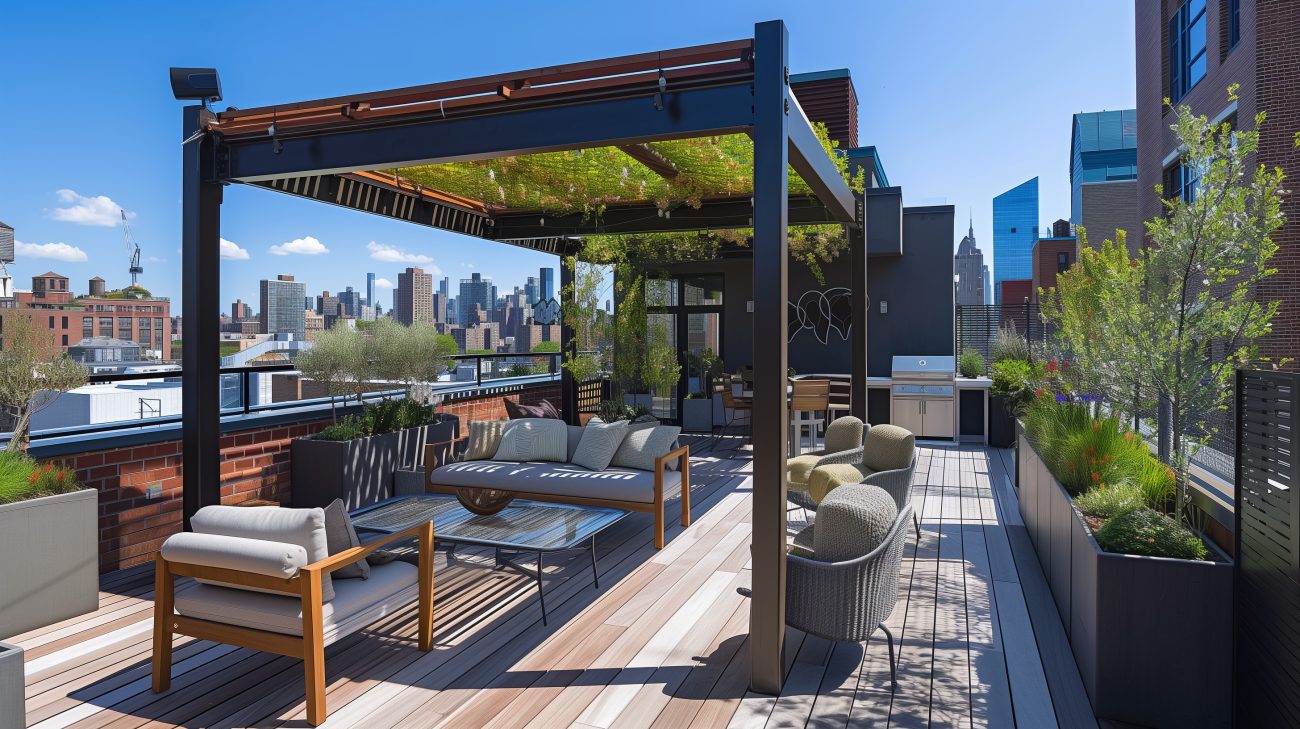Luxurious rooftop terrace, wood decking, confortable chairs and pergola shade