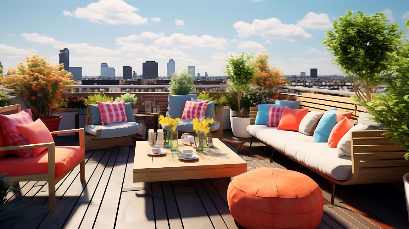 Toit terrasse au sommet d’un édifice en ville, mobilier en bois pâle avec coussins multicolores