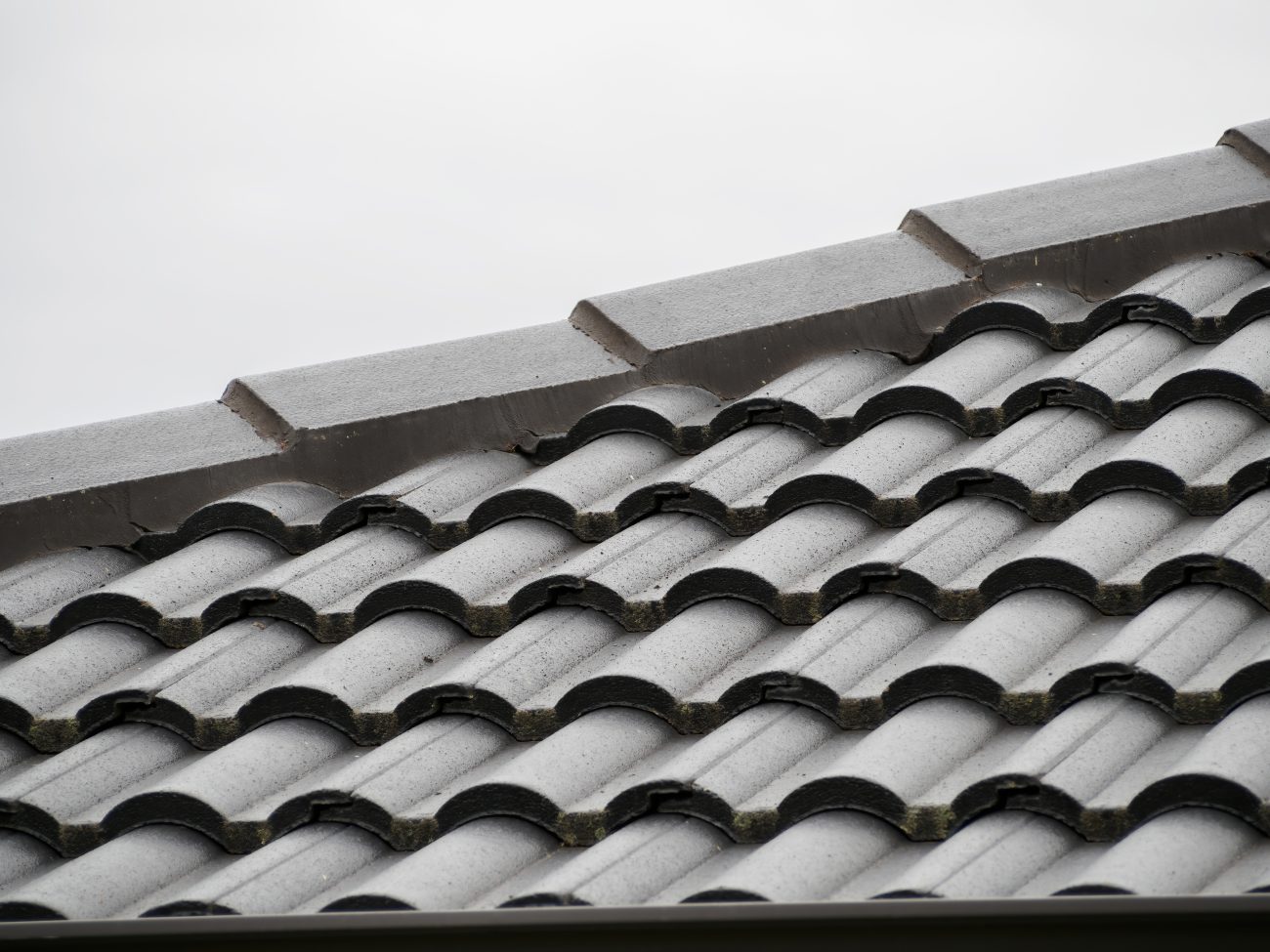 Gros plan sur tuiles ondulées en béton sur un toit en pente