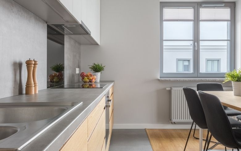 concrete countertop with a minimalistic kitchen