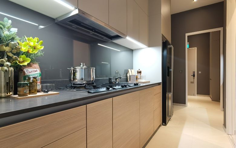 Wooden kitchen cabinets with integrated LED lights