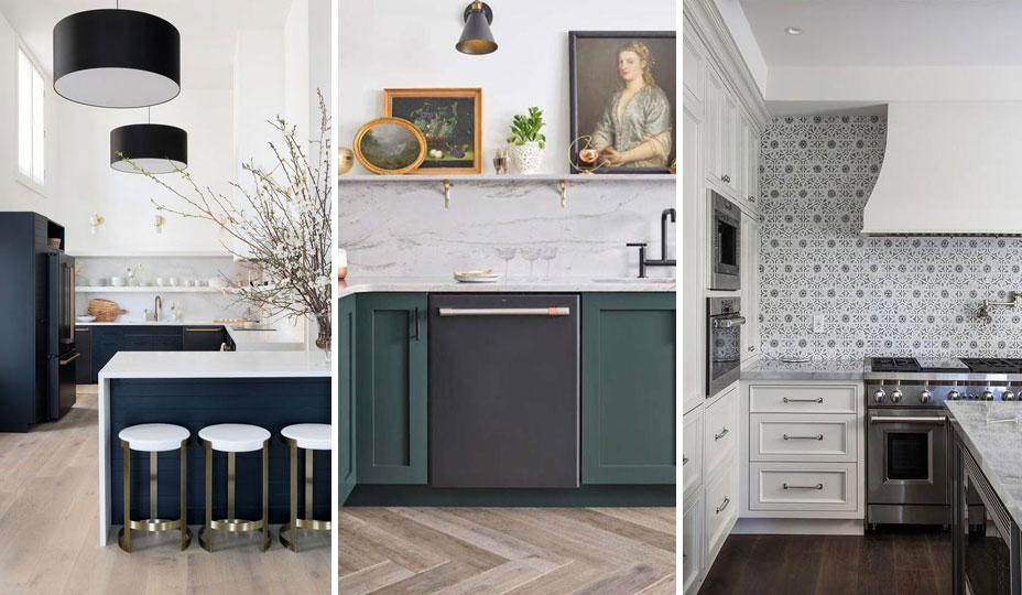 cuisine avec armoires bleues et dosseret en marbre, cuisine verte avec dosseret en marbre, cuisine blanche avec dosseret à motifs