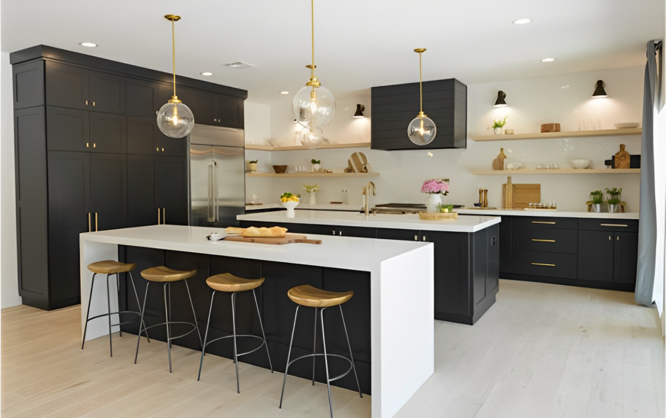 modern kitchen island with wood seats and hanging lights