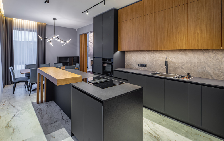 modern kitchen design with black and beige cabinets