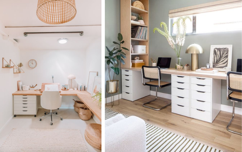 bureau à la maison minimaliste au sous-sol avec bureau en bois