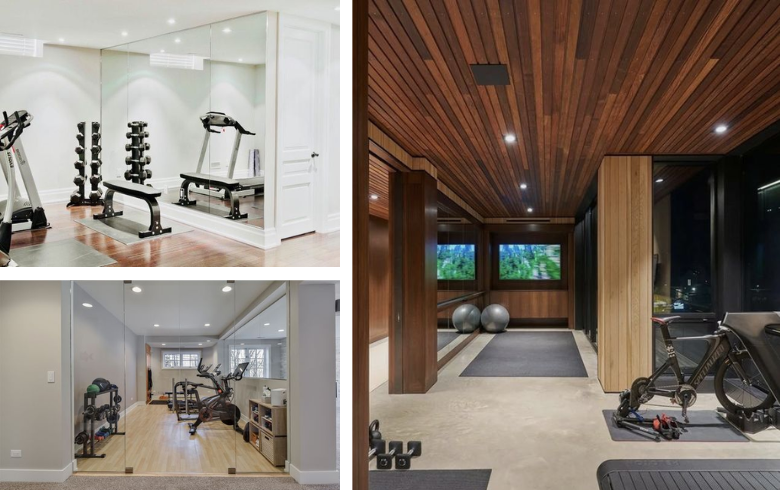 basement gym with large mirror