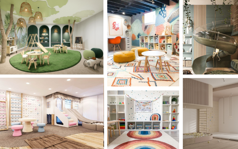 basement kids playground with colourful wall patterns