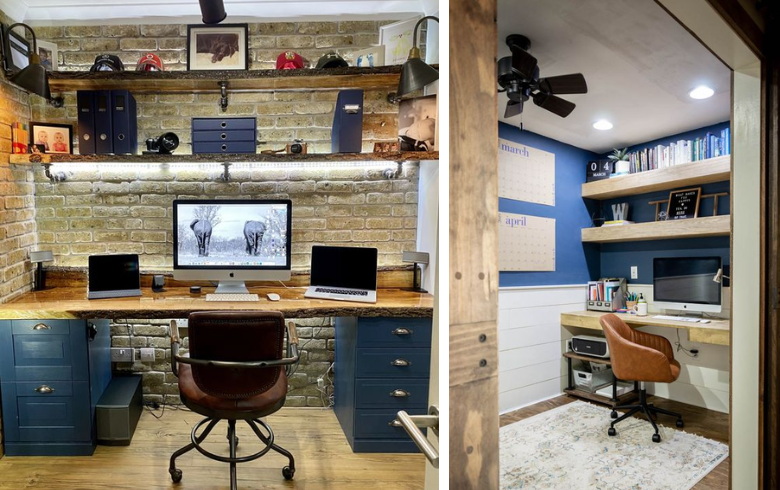 blue home office with dark wood detailing