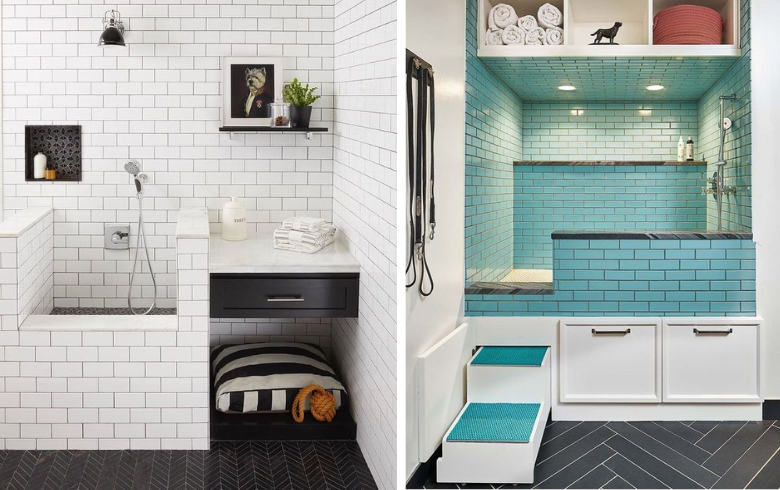 dog washing station with minimalist style white tiles