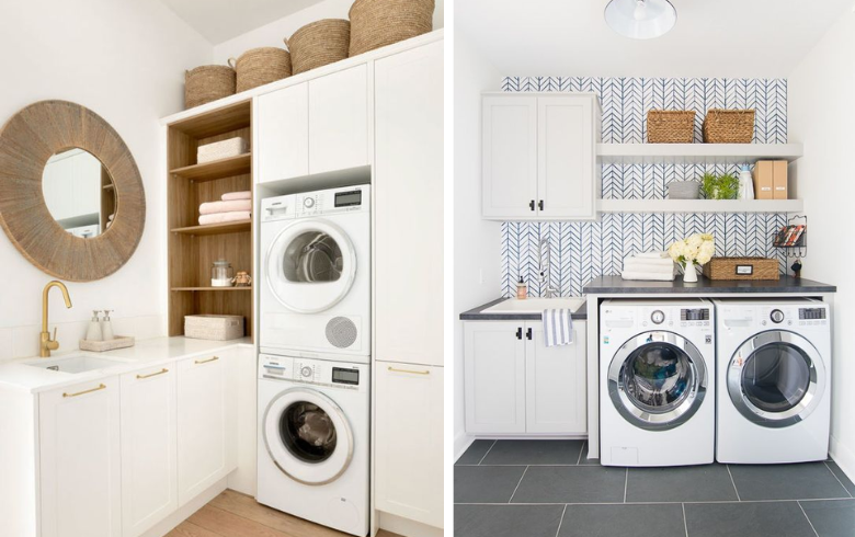 laundry room with shelves and modern tiling
