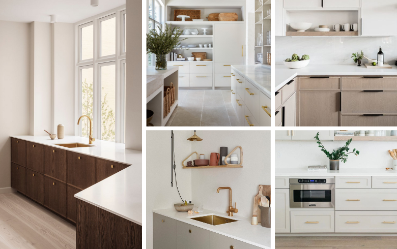 armoires cuisines minimaliste avec éléments de décor en métal doré