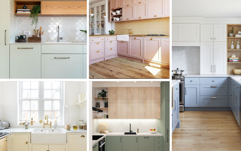 kitchens with pastel green, yellow, pink and blue cabinets
