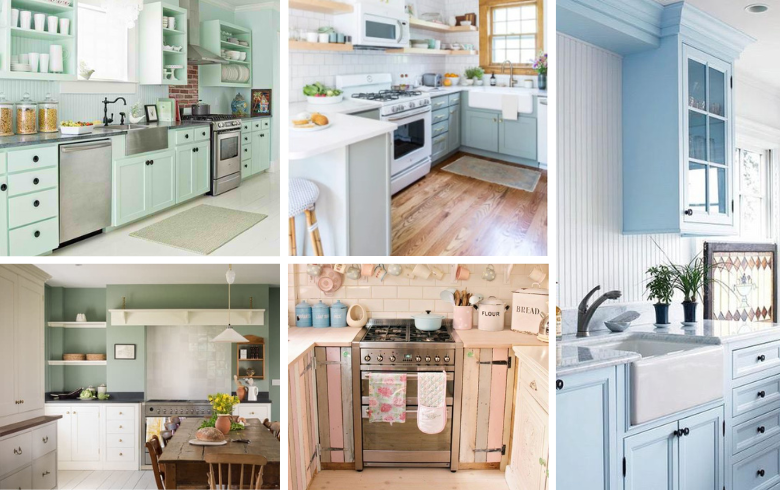 cottagecore aesthetics kitchen with pastel soft coloured cabinets