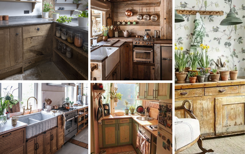 cottagecore aesthetics kitchen with vintage reclaimed wood cabinets