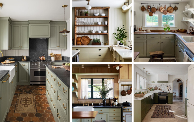 cottagecore green tone kitchens with thin countertop