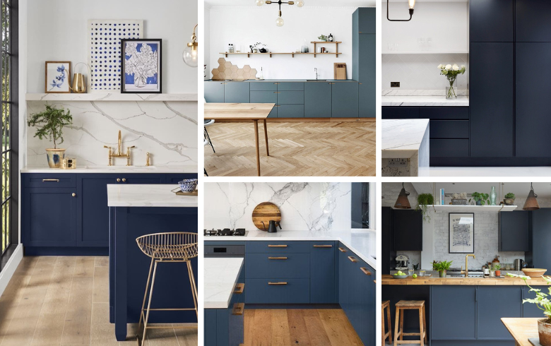 cuisines de style moderne avec armoires classiques en bleu