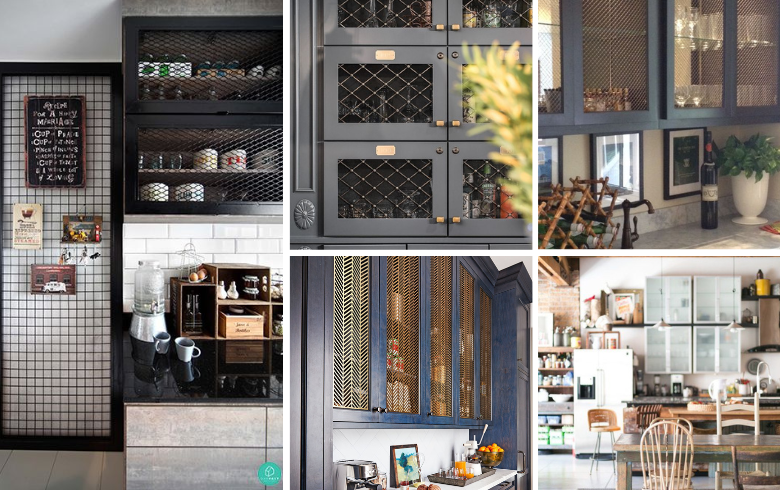 industrial kitchens with metal meshed cabinets
