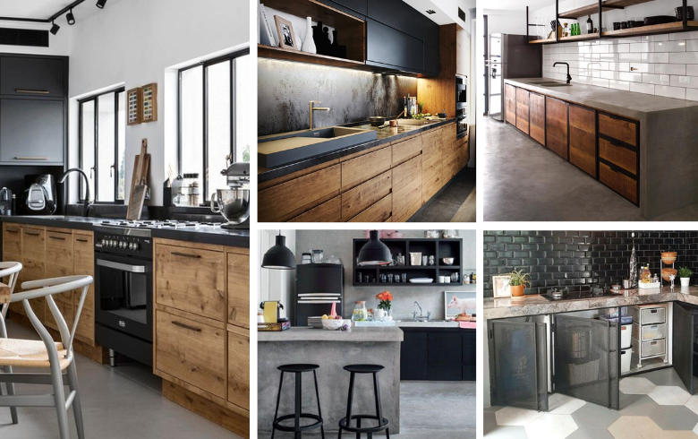 industrial kitchens with mixed rough textured cabinets