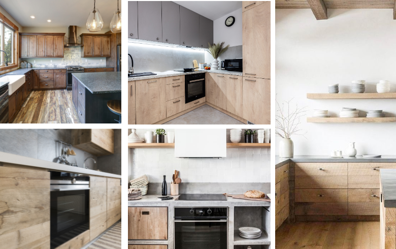 kitchens with raw material and wood cabinets