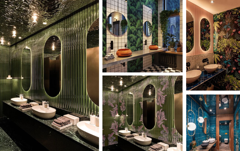 bright restaurant bathrooms with tall mirrors and glass tiles