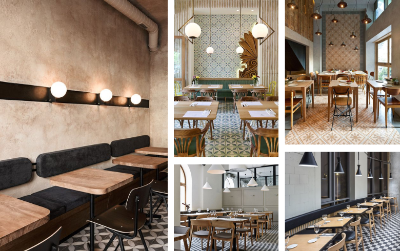 restaurant with cement tiles with different patterns