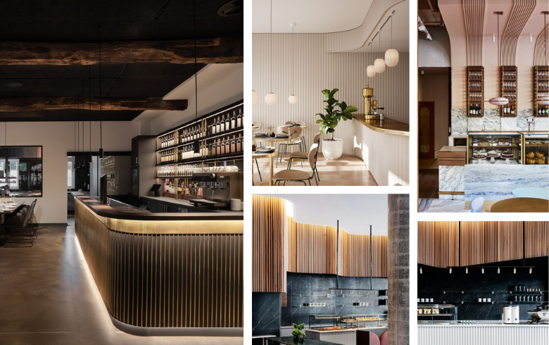 bars de restaurant avec lattes verticales en bois sur comptoirs et murs