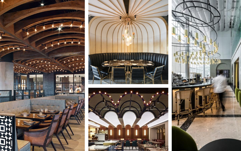 curved ceilings with decorative light pieces in modern restaurants