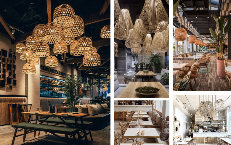 grandes lampes suspendues en rotin et sièges dans restaurants au style naturel