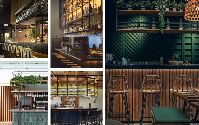 modern restaurant with hanging shelving for bar and decorative plants