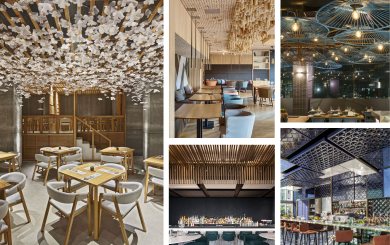 tendances design de restaurants lumineux avec luminaires de plafond décoratifs
