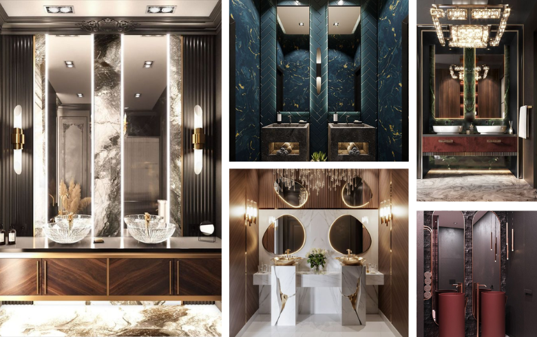 luxurious restaurant bathrooms with tall mirrors and glass tiles