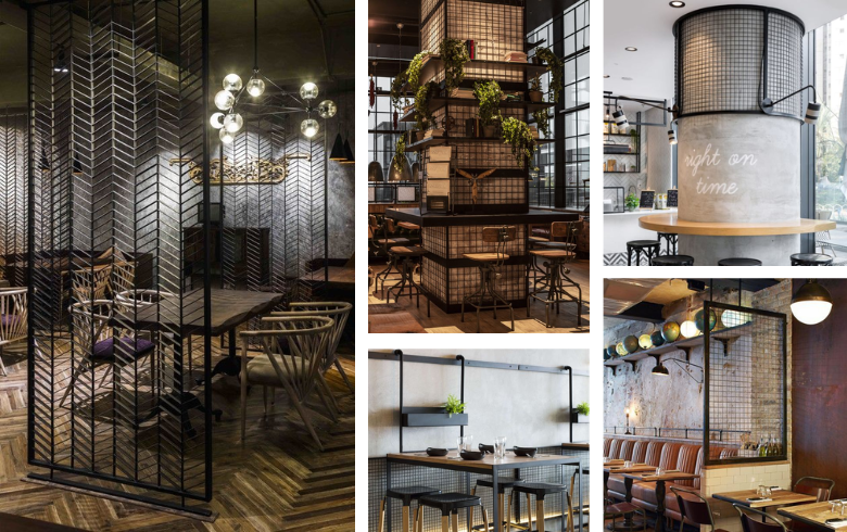 restaurant with plants and black metal accents on walls