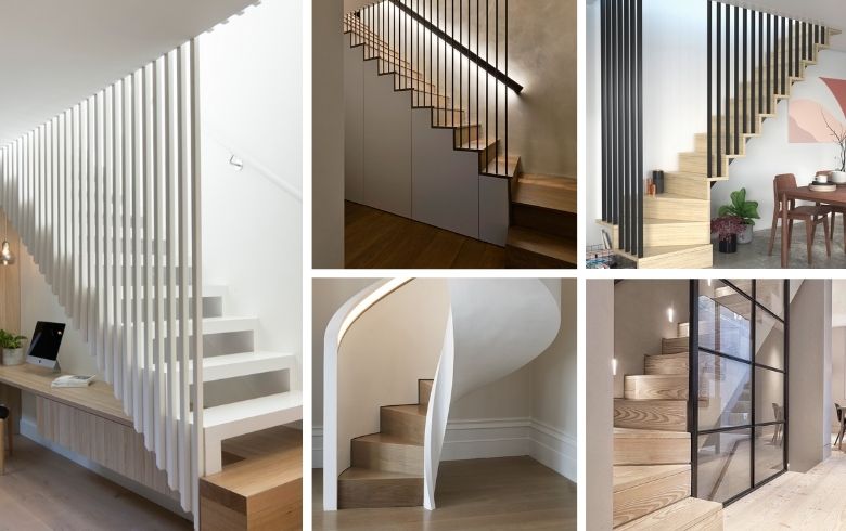 escaliers avec des rampes en bois simples qui mènent au sous-sol