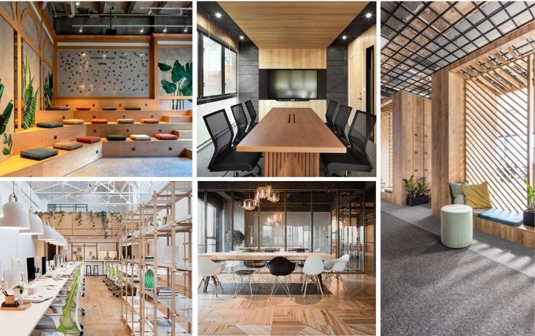 fresh office designs with wood centered decor