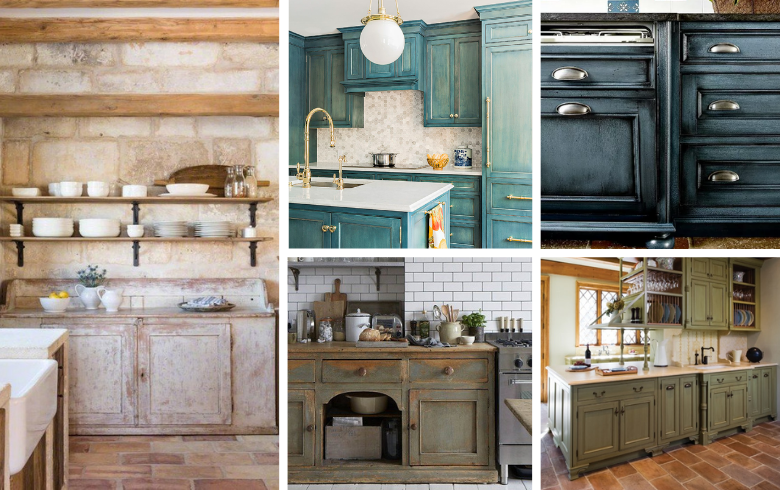 Distressed kitchen cabinets in traditional style