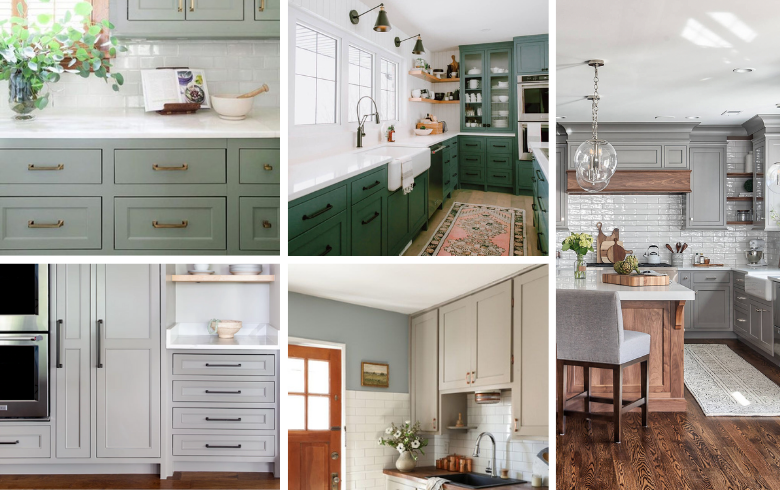 Painted kitchen cabinets in muted green, grey