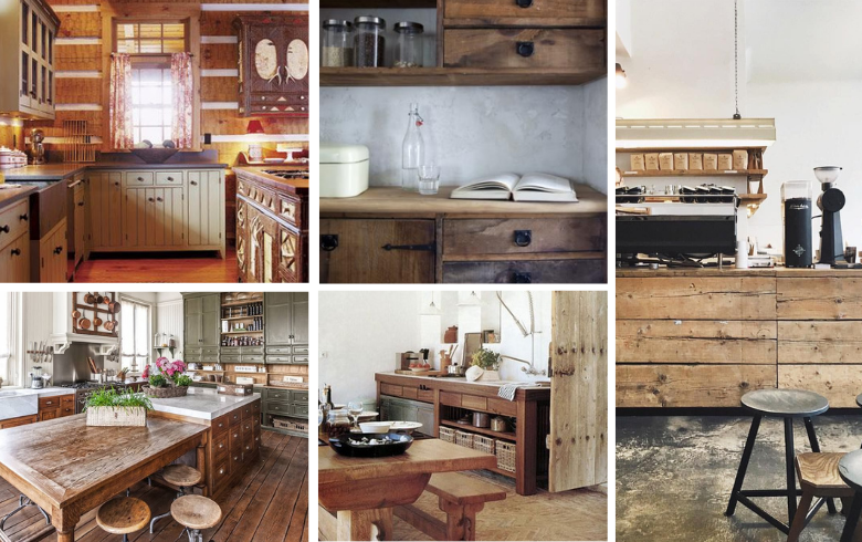 Vintage look rough hewn cabinets in cottagecore style kitchens