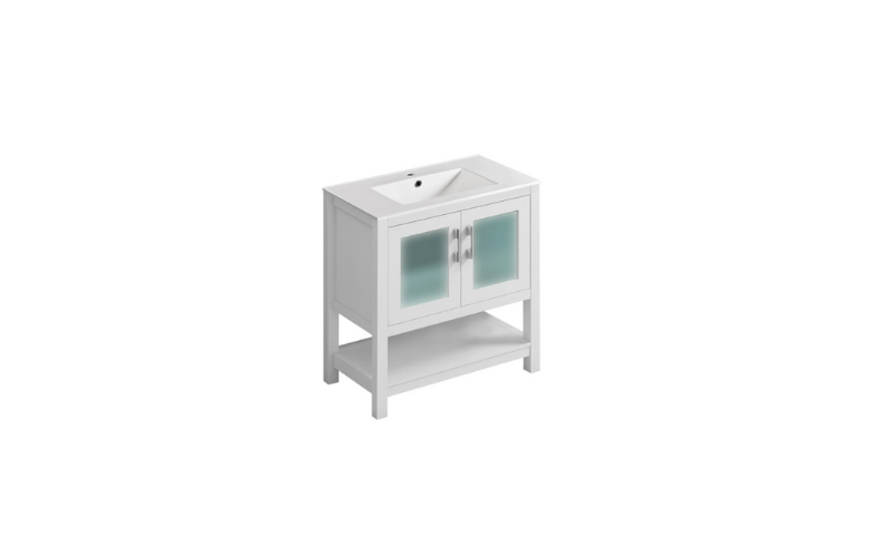 small and white stand-alone bathroom vanity