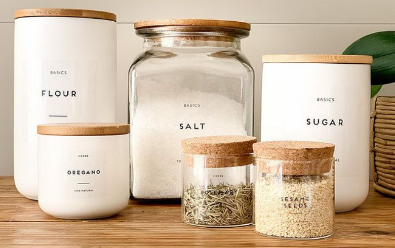 decanted pantry items with sophisticated DIY labels